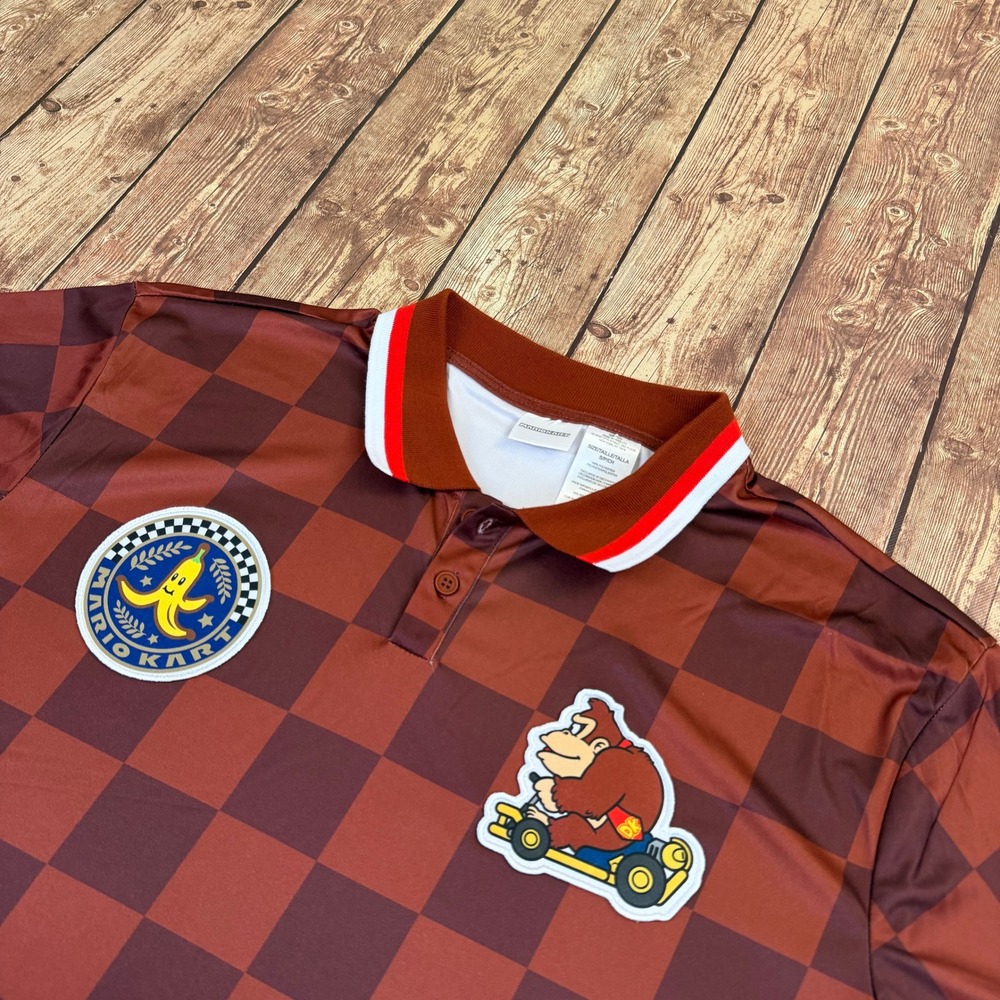 Nintendo Mario Kart Polo Shirt Mens Small Brown Donkey Kong Checkered Patch NWT